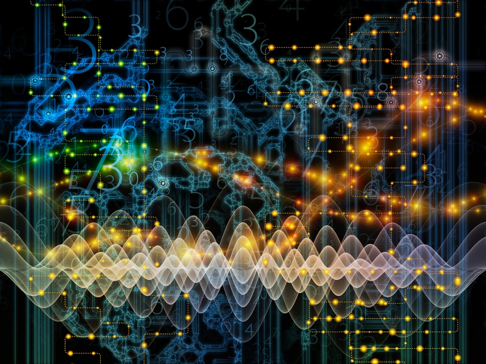 Composition of network diagrams , hi-tech symbols and fractal patterns